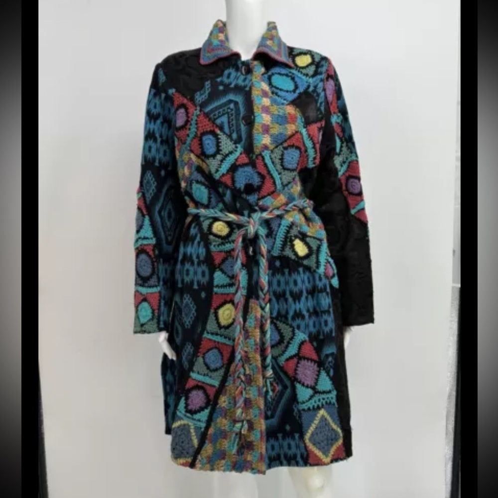 Sandy Starkman  Bohemian Aztec Crochet Women's Jacket Coat Size M Pockets